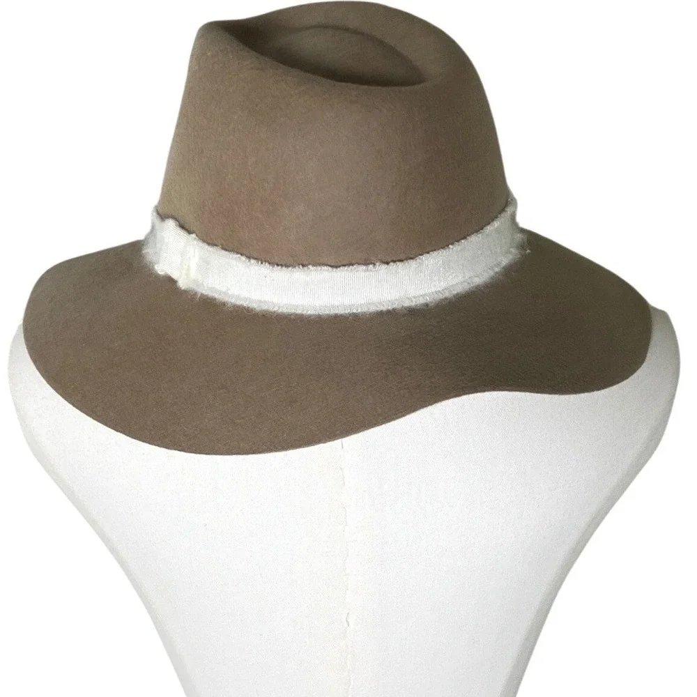 Wide Brim Rancher Fedora Hat Tan‎ Wool Felt White Band Boho Western OS